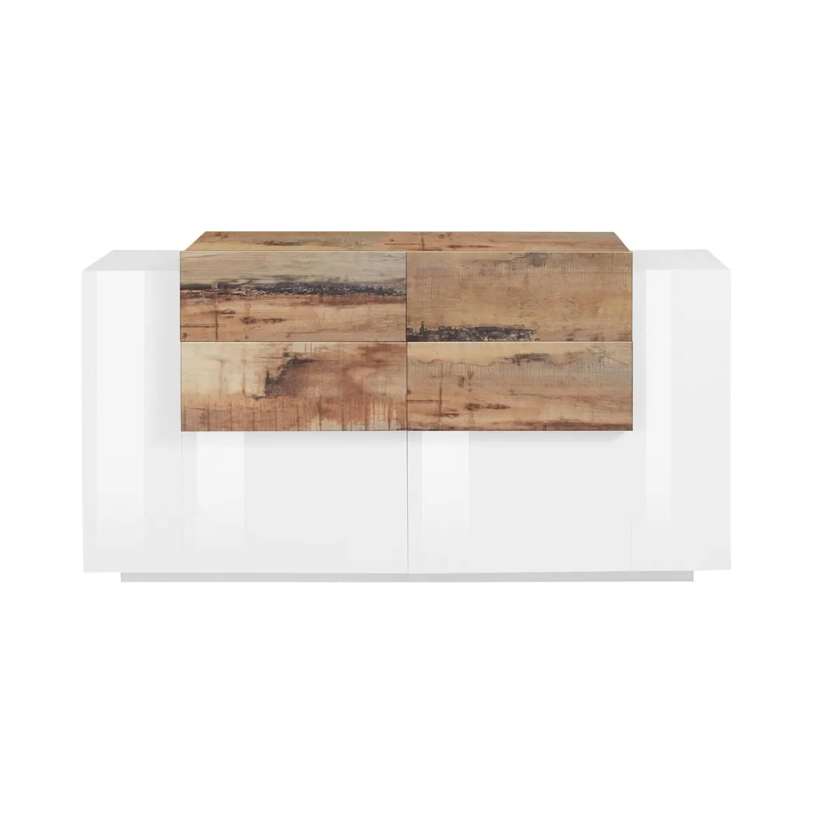 Credenza bianco lucida e acero 160x45x86h cm 2 ante e 4 cassetti - Ashi
