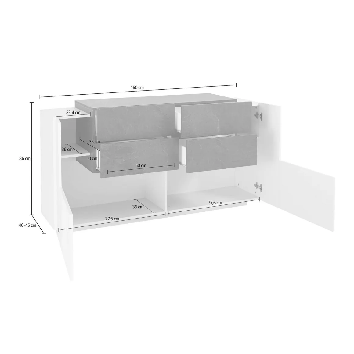 Credenza bianco lucida e acero 160x45x86h cm 2 ante e 4 cassetti - Ashi
