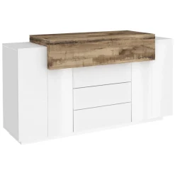 Cucina|Madie > Dmora Credenza bianco lucida e acero 160x45x86h cm 3 ante e 3 cassetti - Arbon Marrone Acero, Bianco Lucido
