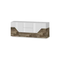 Credenza bianco lucida e acero 220x43x86h cm 4 ante e 3 cassetti - Almira