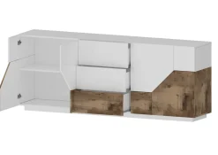 Cucina|Madie > Dmora Credenza bianco lucida e acero 220x45x86h cm 5 ante e 2 cassetti - Akirum Marrone Acero, Bianco Lucido