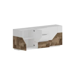 Cucina|Madie > Dmora Credenza bianco lucida e acero 220x45x86h cm 5 ante e 2 cassetti - Akirum Marrone Acero, Bianco Lucido