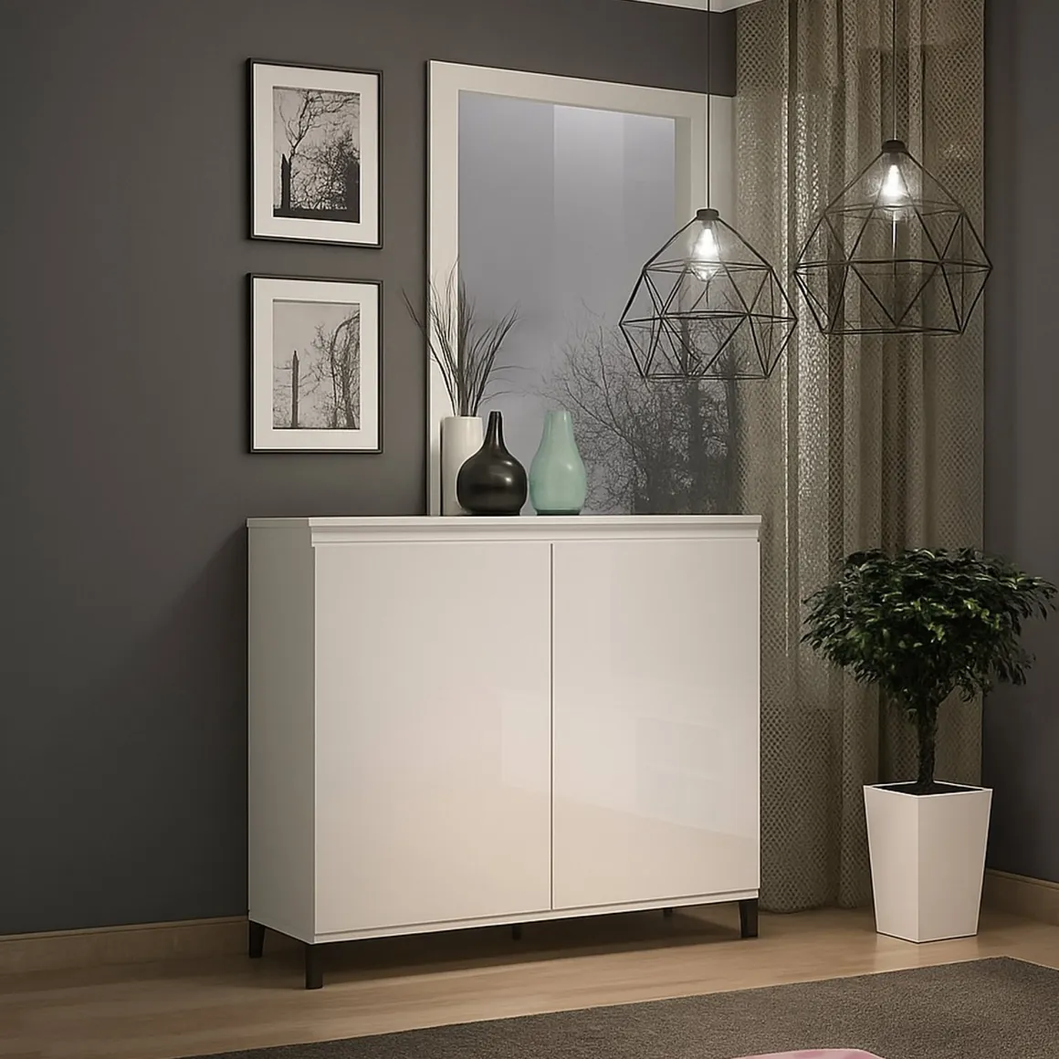 Madie|Credenze > Dmora Credenza bianco lucida e antracite 120x42x80h cm 3 ante e 1 cassetto - Bajardo Nero Antracite, Bianco Lucido