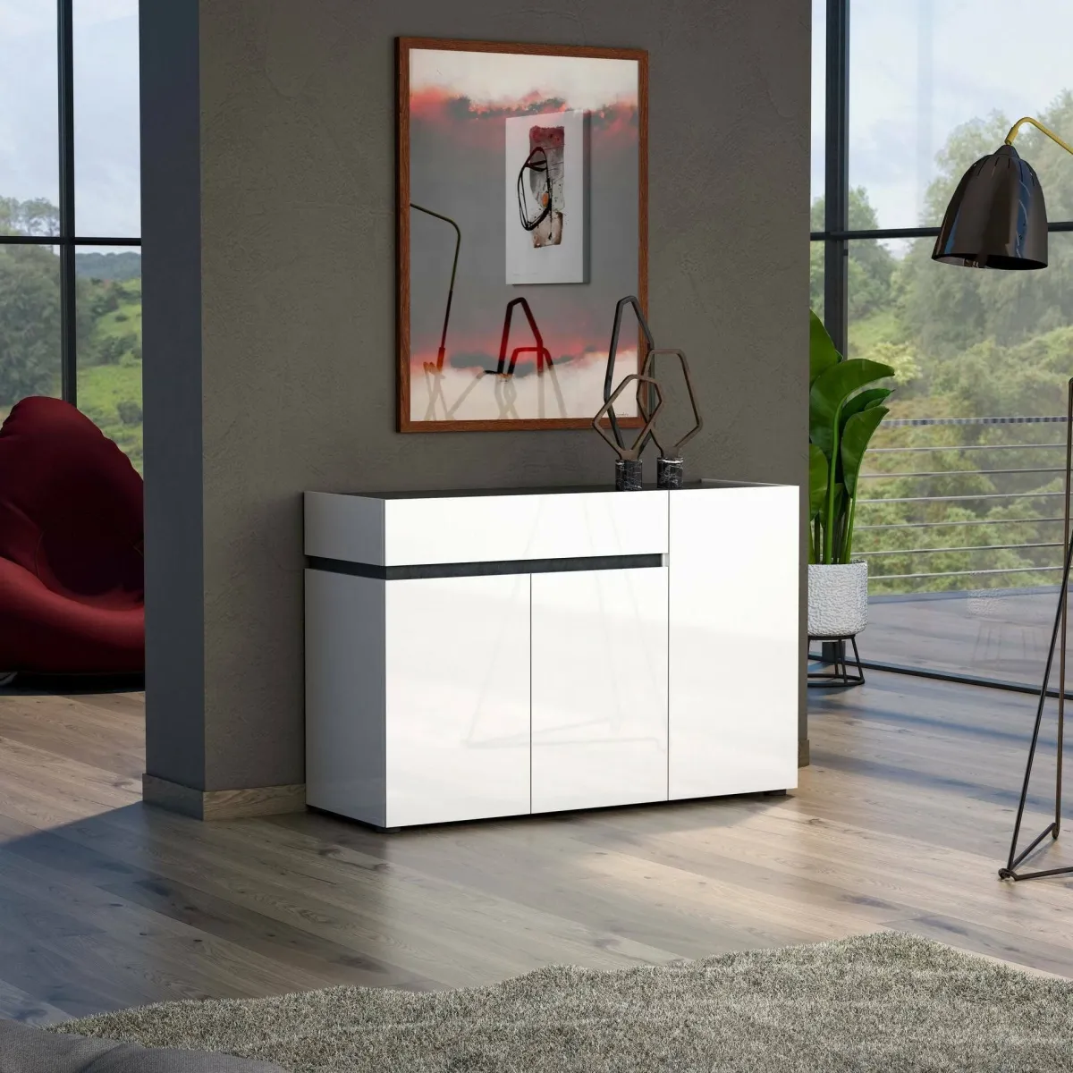 Madie|Credenze > Dmora Credenza bianco lucida e antracite 120x42x80h cm 3 ante e 1 cassetto - Bajardo Nero Antracite, Bianco Lucido