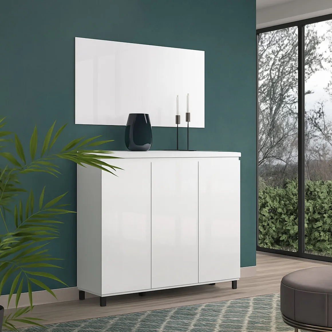 Madie|Credenze > Dmora Credenza bianco lucida e antracite 138x40x90h cm 3 ante - Assinello Nero Antracite, Bianco Lucido
