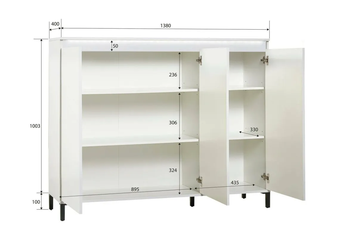 Madie|Credenze > Dmora Credenza bianco lucida e antracite 138x40x90h cm 3 ante - Assinello Nero Antracite, Bianco Lucido
