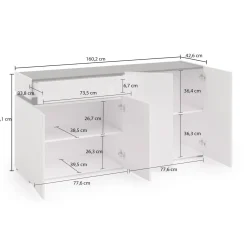 Madie|Credenze > Dmora Credenza bianco lucida e antracite 180x38x92h cm 3 ante e 4 cassetti - Baveno Nero Antracite, Bianco Lucido