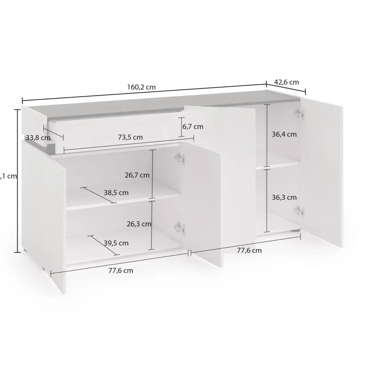 Madie|Credenze > Dmora Credenza bianco lucida e antracite 180x38x92h cm 3 ante e 4 cassetti - Baveno Nero Antracite, Bianco Lucido
