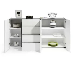 Madie|Credenze > Dmora Credenza bianco lucida e antracite 180x38x92h cm 3 ante e 4 cassetti - Baveno Nero Antracite, Bianco Lucido