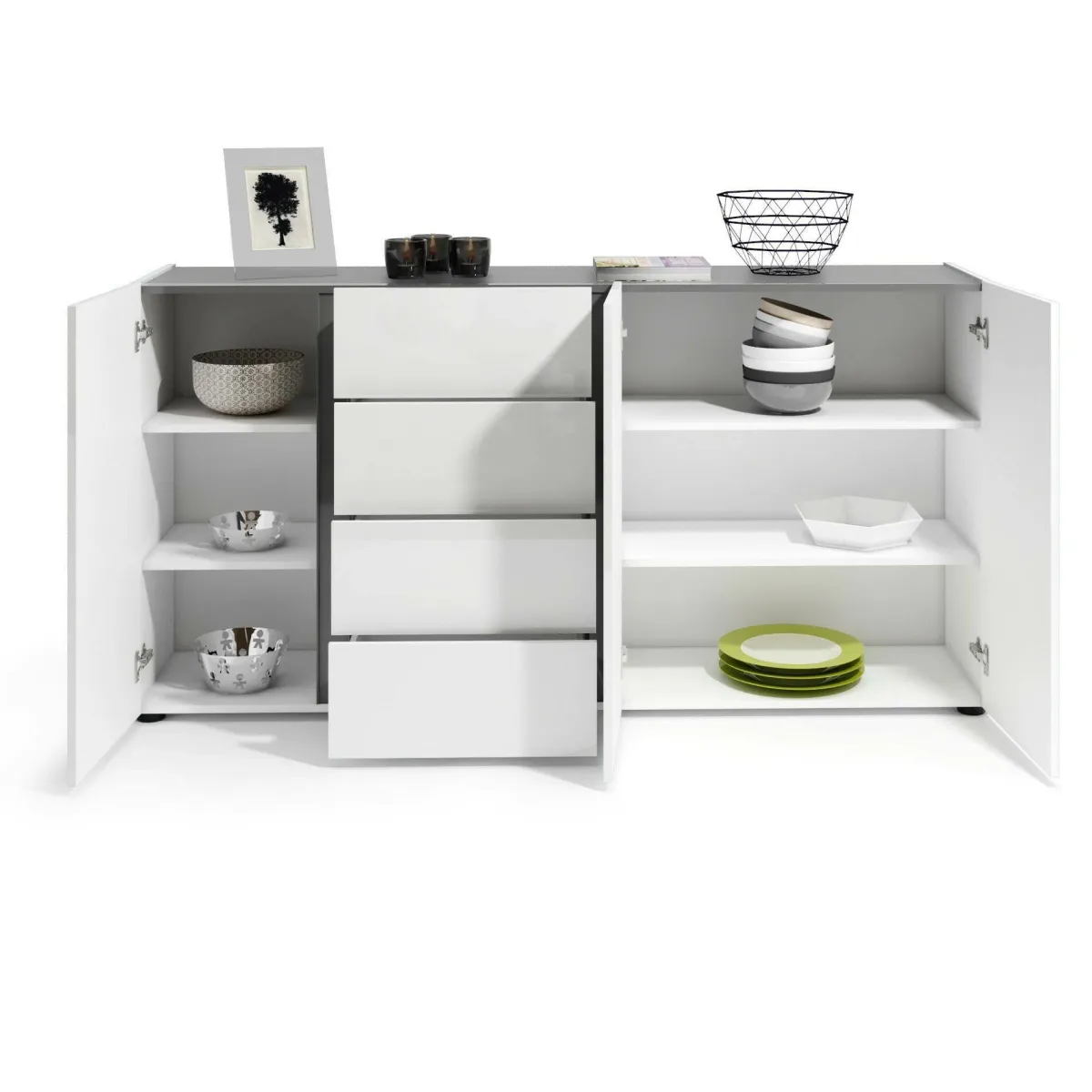 Madie|Credenze > Dmora Credenza bianco lucida e antracite 180x38x92h cm 3 ante e 4 cassetti - Baveno Nero Antracite, Bianco Lucido