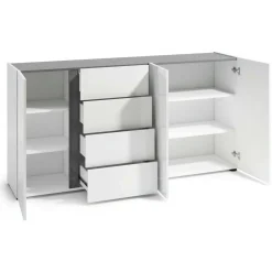Madie|Credenze > Dmora Credenza bianco lucida e antracite 180x38x92h cm 3 ante e 4 cassetti - Baveno Nero Antracite, Bianco Lucido
