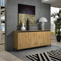 Madie|Credenze > Dmora Credenza bianco lucida e antracite 184x40x90h cm 4 ante - Filomena Nero Antracite, Bianco Lucido