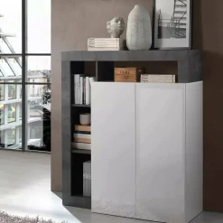 Madie|Credenze > Dmora Credenza bianco lucida e ardesia 108x42x93h cm 2 ante - Atlantica Grigio Ardesia, Bianco Lucido