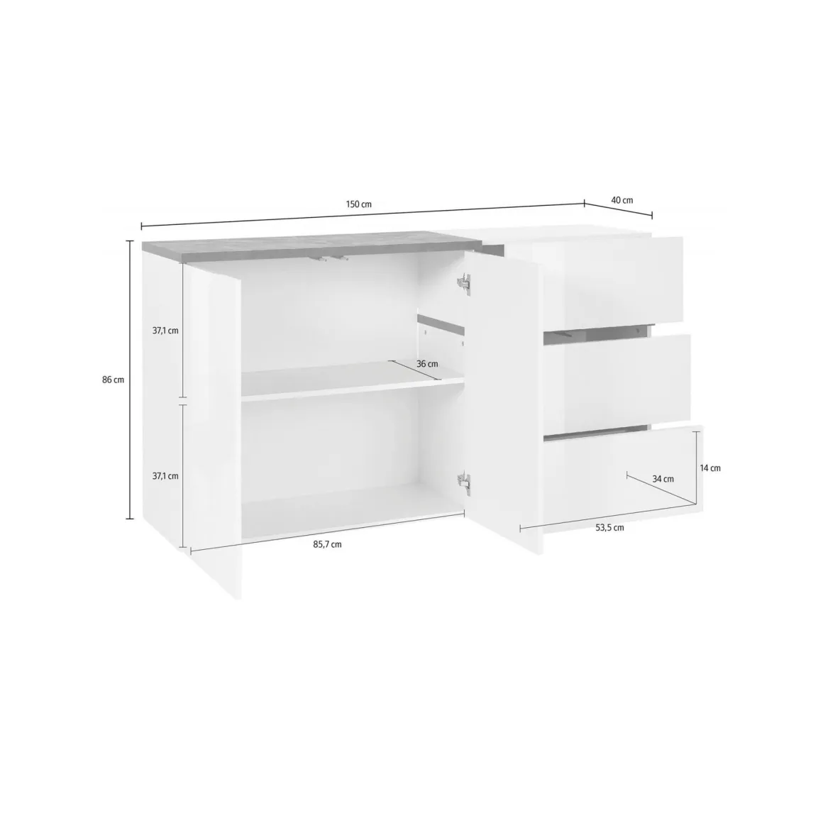 Credenza bianco lucida e ardesia 150x40x80h cm 2 ante e 3 cassetti - Asgard