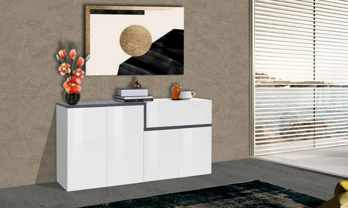 Credenza bianco lucida e ardesia 160x40x80h cm 4 ante e 1 cassetto - Ashy