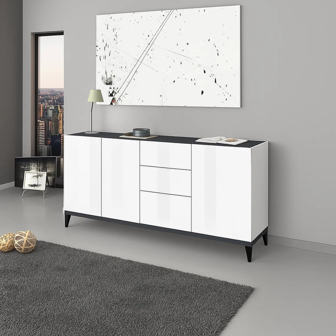 Credenza bianco lucida e ardesia 160x40x82h cm 3 ante e 3 cassetti - Abic