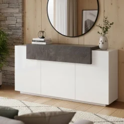 Cucina|Madie > Dmora Credenza bianco lucida e ardesia 160x45x86h cm 2 ante e 4 cassetti - Ashi Grigio Ardesia, Bianco Lucido
