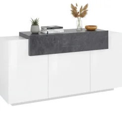 Cucina|Madie > Dmora Credenza bianco lucida e ardesia 160x45x86h cm 2 ante e 4 cassetti - Ashi Grigio Ardesia, Bianco Lucido