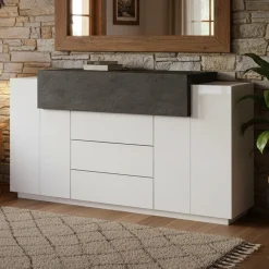 Cucina|Salotto > Dmora Credenza bianco lucida e ardesia 170x45x85h cm 4 ante e 2 cassetti - Alei Grigio Ardesia, Bianco Lucido