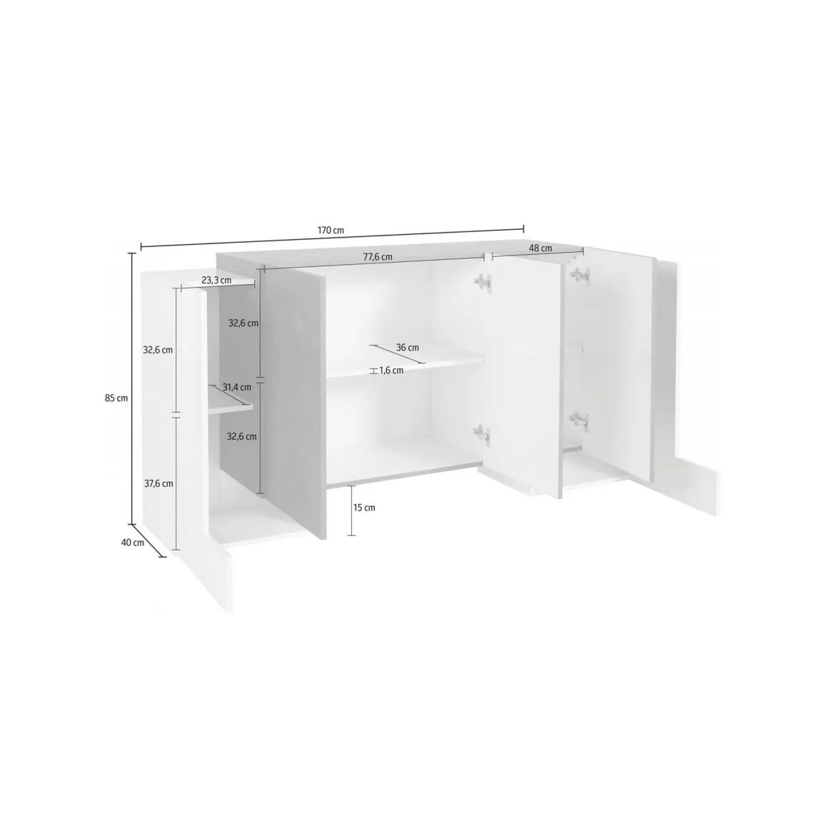 Credenza bianco lucida e ardesia 170x45x85h cm 5 ante - Arek