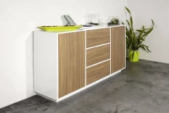 Credenza bianco lucida e noce 160x41x86h cm 2 ante e 3 cassetti - Aysha