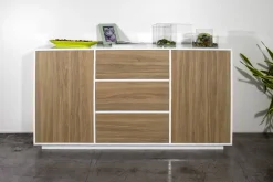 Credenza bianco lucida e noce 160x41x86h cm 2 ante e 3 cassetti - Aysha