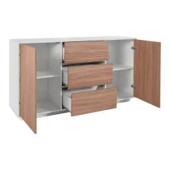 Credenza bianco lucida e noce 160x41x86h cm 2 ante e 3 cassetti - Aysha