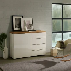 Credenza bianco lucida e rovere 120x43x89h cm 1 anta e 4 cassetti - Bagwis