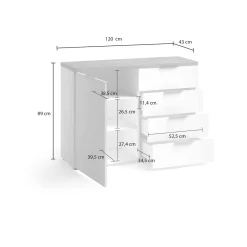 Madie|Credenze > Dmora Credenza bianco lucida e rovere 174x40x92h cm 4 ante - Talassa Marrone Rovere, Bianco Lucido