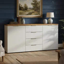 Credenza bianco lucida e rovere 180x43x89h cm 2 ante e 4 cassetti - Satriano