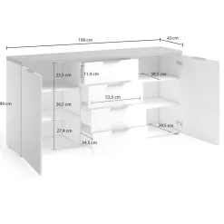 Madie|Credenze > Dmora Credenza bianco lucida e rovere 203x40x92h cm 4 ante - Arcanda Marrone Rovere, Bianco Lucido
