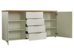 Madie|Credenze > Dmora Credenza bianco lucida e rovere 203x40x92h cm 4 ante - Arcanda Marrone Rovere, Bianco Lucido