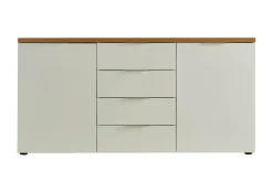 Madie|Credenze > Dmora Credenza bianco lucida e rovere 203x40x92h cm 4 ante - Arcanda Marrone Rovere, Bianco Lucido