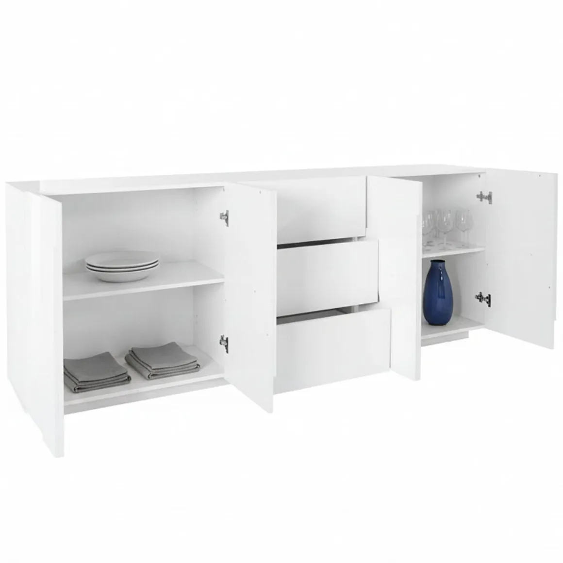 Credenza bianco lucida moderna 224x44x86h cm 4 ante e 3 cassetti - Zeus