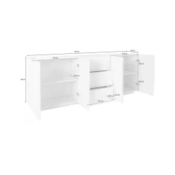 Credenza bianco lucida moderna 224x44x86h cm 4 ante e 3 cassetti - Zeus