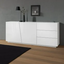 Madie|Credenze > Dmora Credenza bianco lucida 181x43x84h cm 2 ante e 2 cassetti - Zerba Bianco Lucido