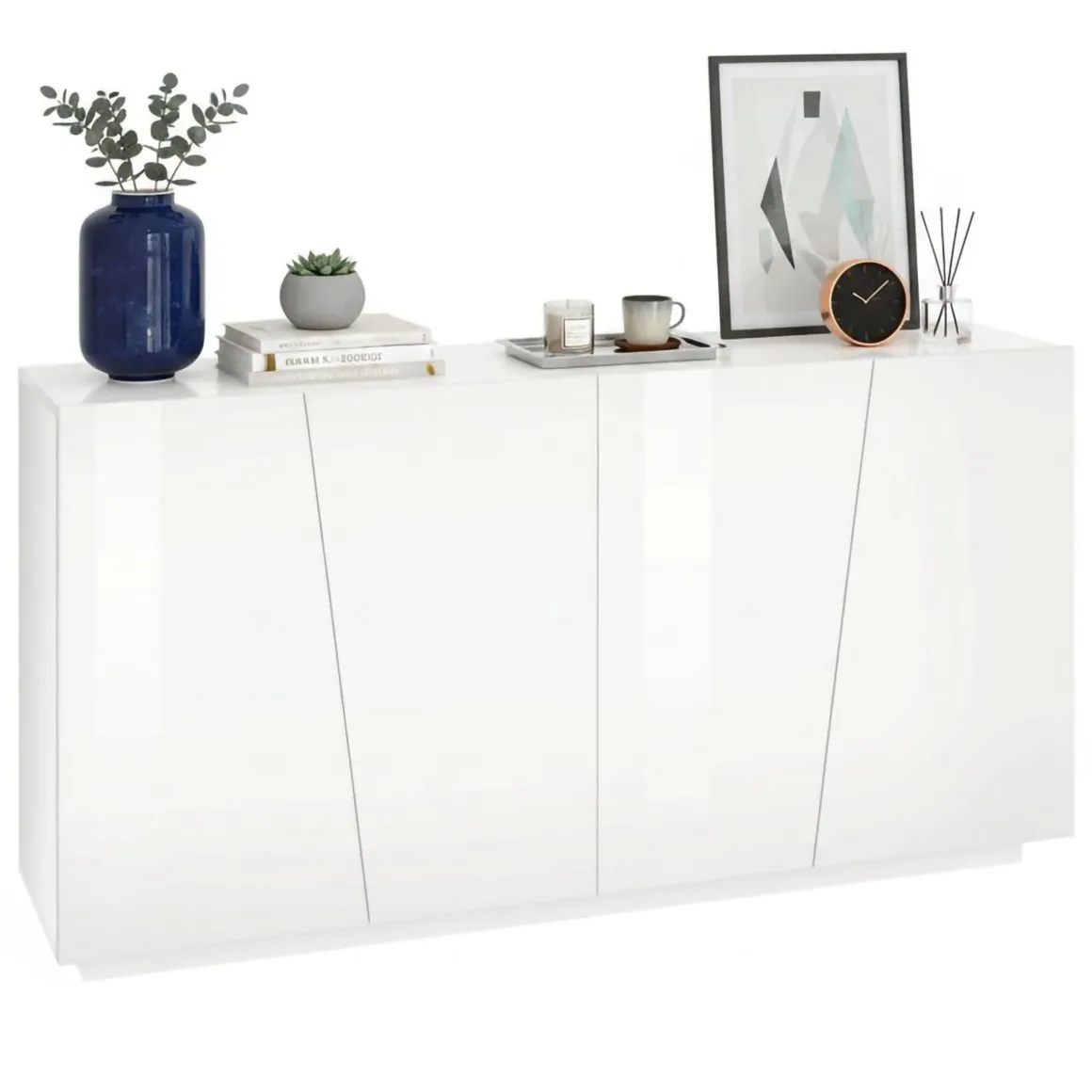 Madie|Credenze > Dmora Credenza bianco lucida 181x43x84h cm 2 ante e 2 cassetti - Zerba Bianco Lucido