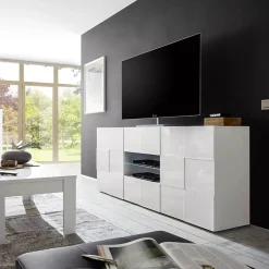 Madie|Credenze > Dmora Credenza bianco lucida 181x43x84h cm 2 ante e 2 cassetti - Zerba Bianco Lucido