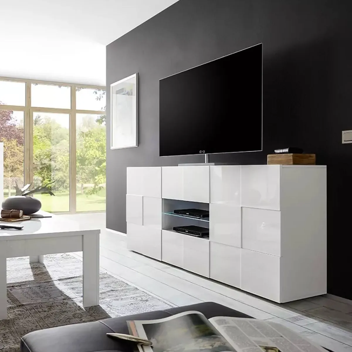 Madie|Credenze > Dmora Credenza bianco lucida 181x43x84h cm 2 ante e 2 cassetti - Zerba Bianco Lucido