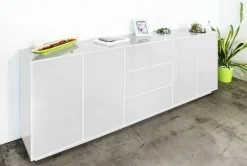 Cucina|Salotto > Dmora Credenza bianco lucida 220x41x86h cm 4 ante e 3 cassetti - Arrachis Bianco Lucido