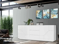 Credenza bianco lucida 220x43x86h cm 4 ante e 3 cassetti - Almira