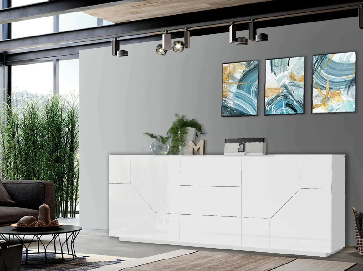 Cucina|Madie > Dmora Credenza bianco lucida 220x43x86h cm 4 ante e 3 cassetti - Ayrton Bianco Lucido
