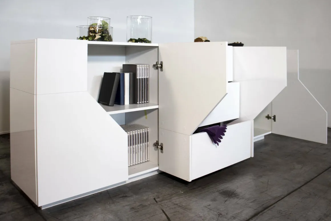 Cucina|Madie > Dmora Credenza bianco lucida 220x43x86h cm 4 ante e 3 cassetti - Ayrton Bianco Lucido