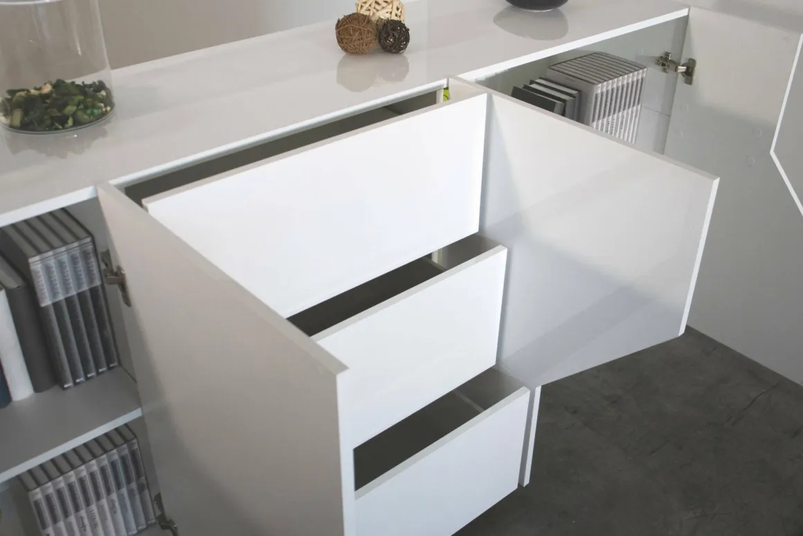 Cucina|Madie > Dmora Credenza bianco lucida 220x43x86h cm 4 ante e 3 cassetti - Ayrton Bianco Lucido