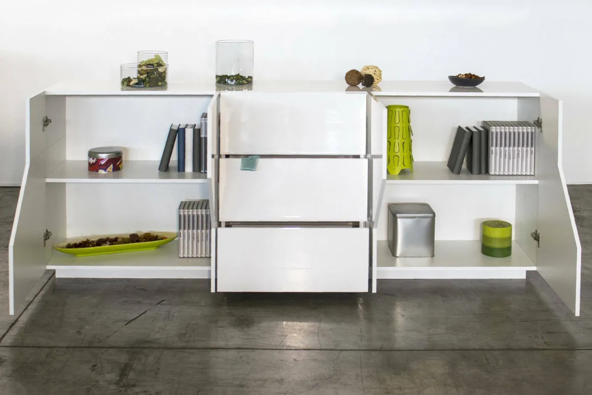 Credenza bianco lucida 220x43x86h cm 4 ante e 3 cassetti - Almira