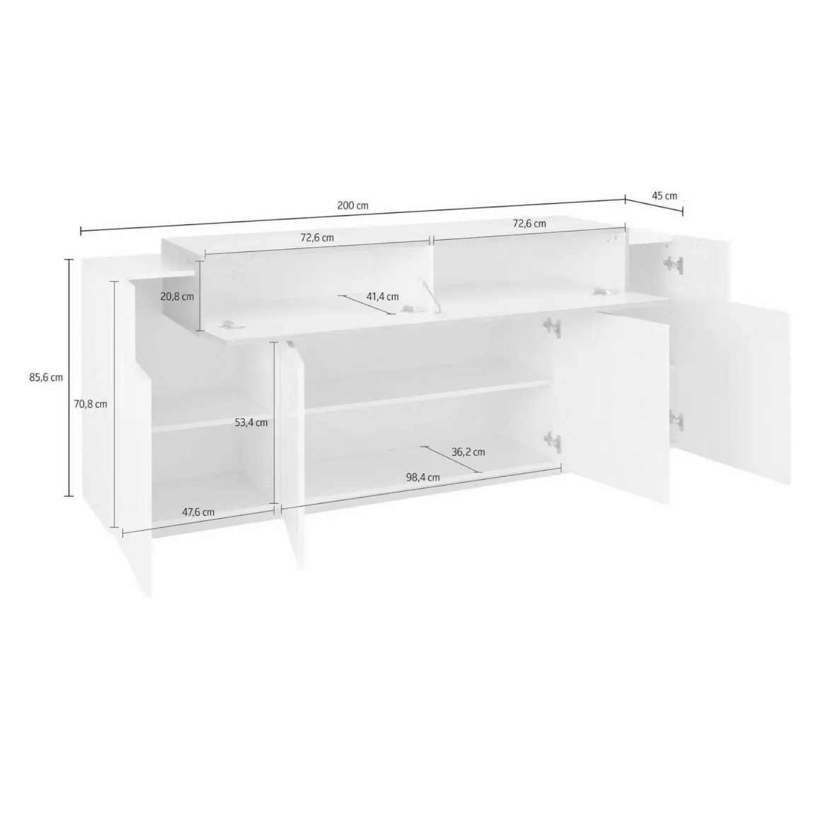 Credenza bianco lucida 220x45x85h cm 5 ante - Discordia
