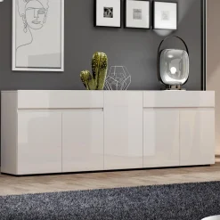Credenza bianco lucida 225x38x79h cm 5 ante e 2 cassetti - Elenia