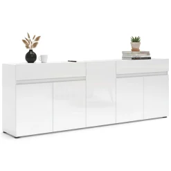 Credenza bianco lucida 225x38x79h cm 5 ante e 2 cassetti - Elenia