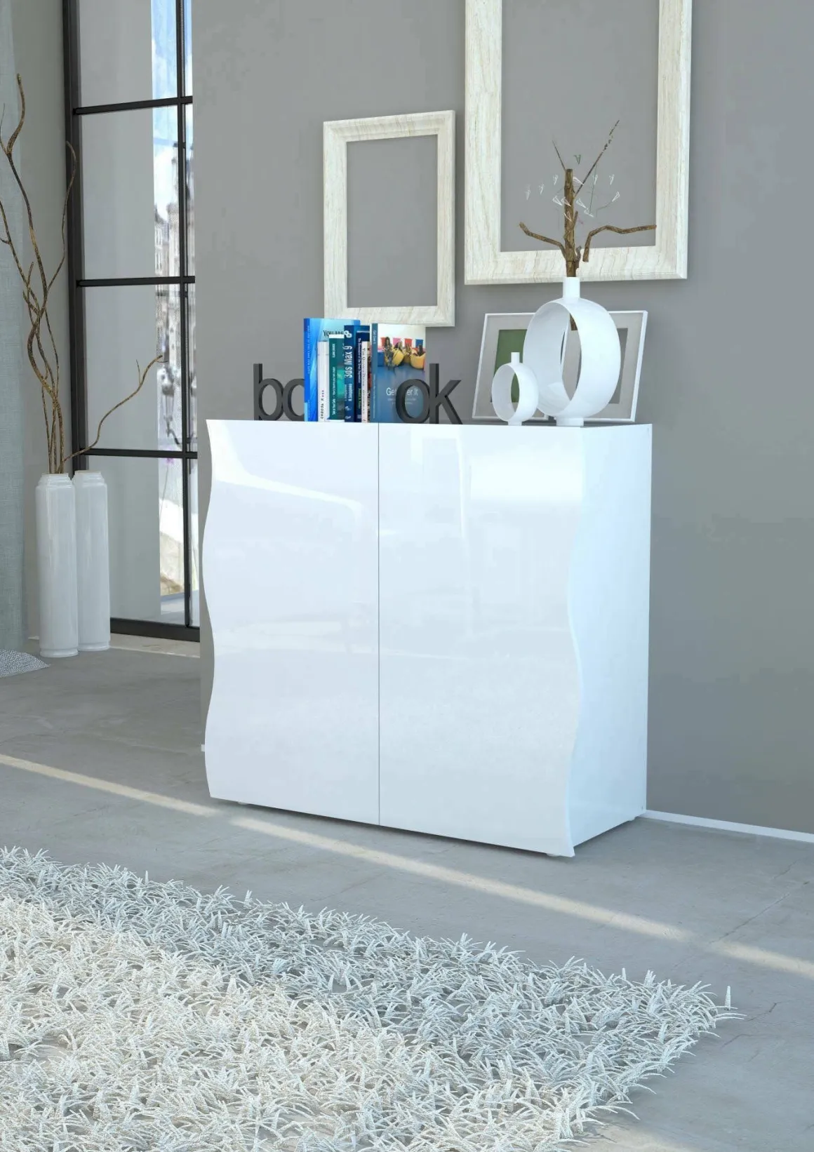 Credenza bianco lucida 90x40x81h cm 2 ante e 2 cassetti - Anifares