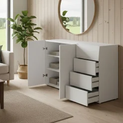 Madie|Credenze > Dmora Credenza bianco lucida 135x38x79h cm 3 ante - Amelyah Bianco Lucido